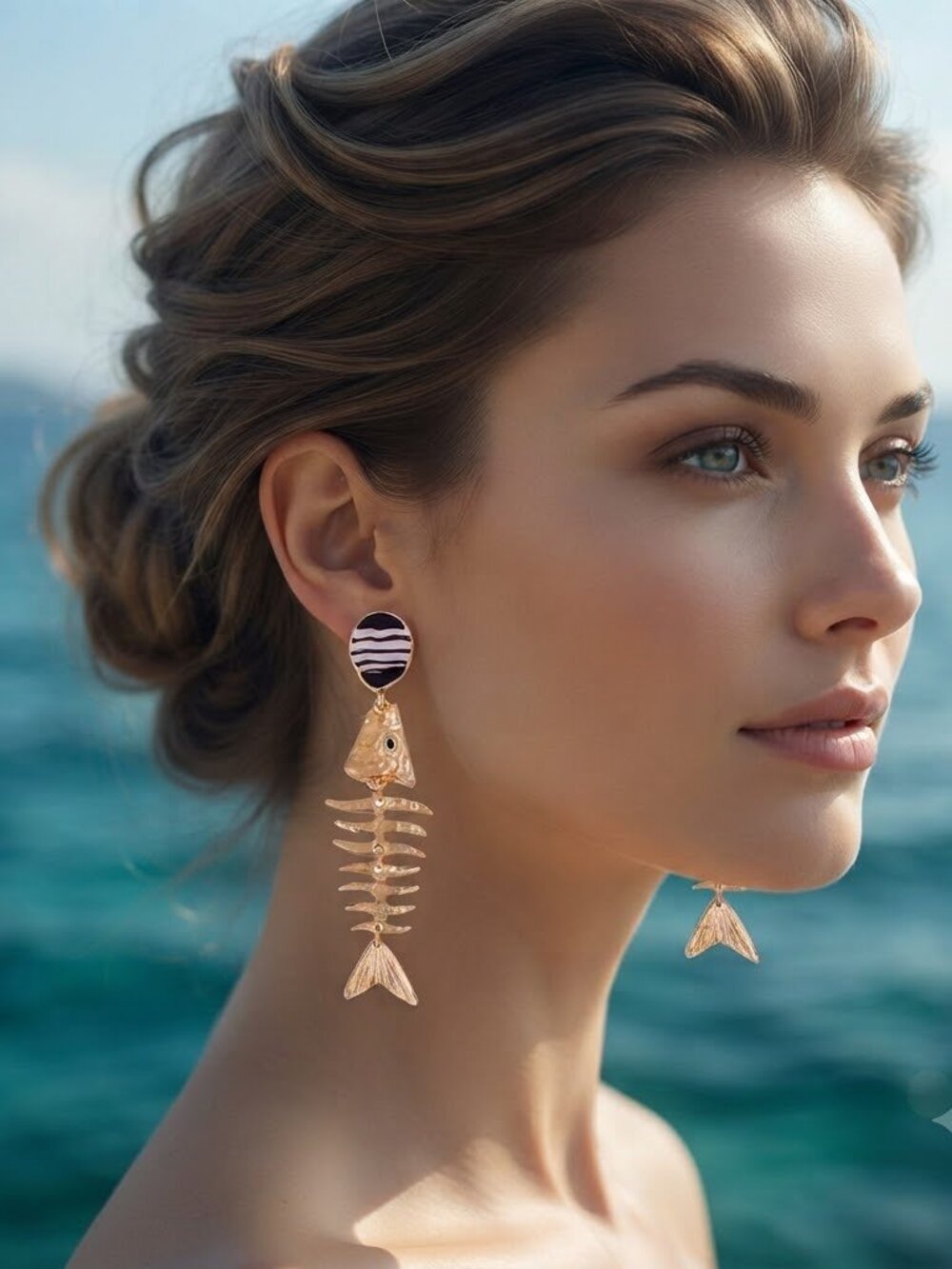 ✨ Gold Fishbone Drop Earrings – Black & White Enamel Statement Jewelry